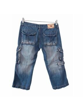 YMI Cargo Capri Pants Womens Size S Blue Denim Utility Pockets Cropped Low-Rise